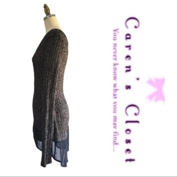 Lush Taupe & Black Knit Sweater with Attached Chiffon Shirt Hem Top. - Picture 3 of 7